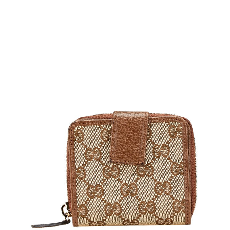 グッチ GGキャンバス ラウンドファスナー 二つ折り財布 346056 ベージュ ブラウン キャンバス レザー レディース GUCCI 【中古】