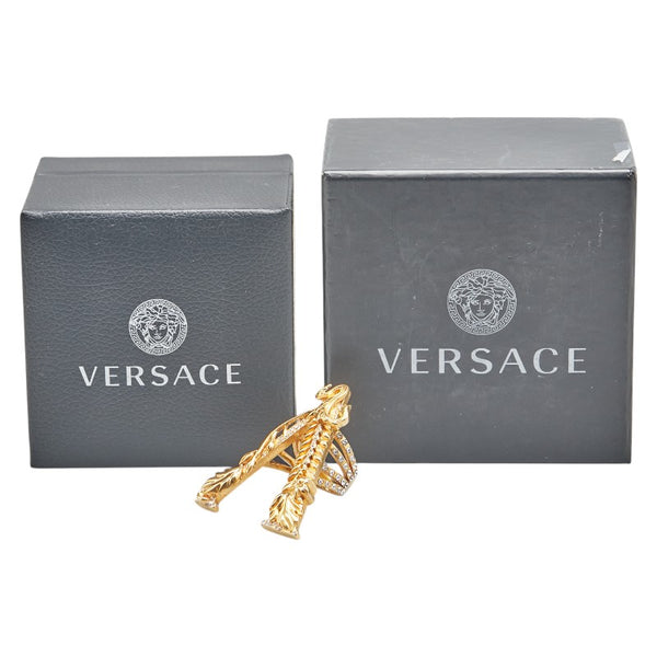 ヴェルサーチェ ラインストーン リーフ モチーフ リング 指輪 #9 ゴールド メッキ レディース VERSACE 【中古】