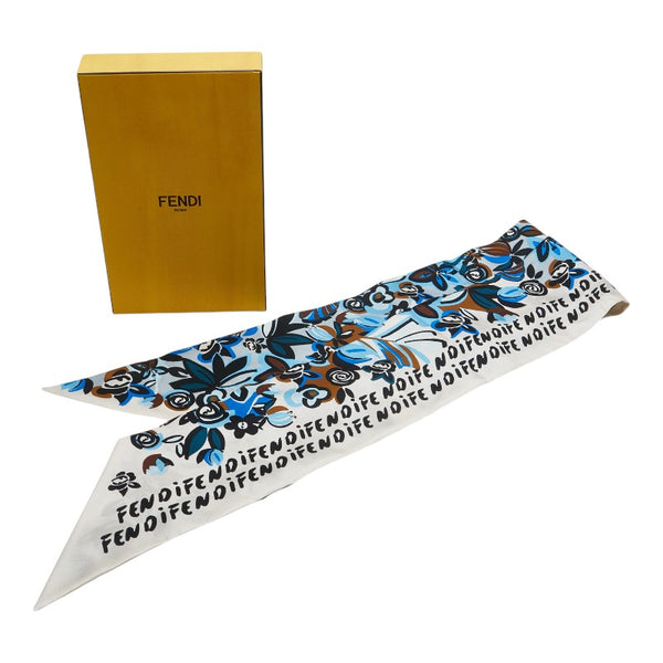フェンディ マキシラッピー 花 フラワー モチーフ スカーフ FXT021 ホワイト ブルー シルク レディース FENDI 【中古】