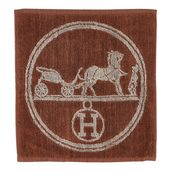 エルメス Hロゴ 馬車 ハンドタオル ハンカチ ブラウン シルク コットン レディース HERMES 【中古】