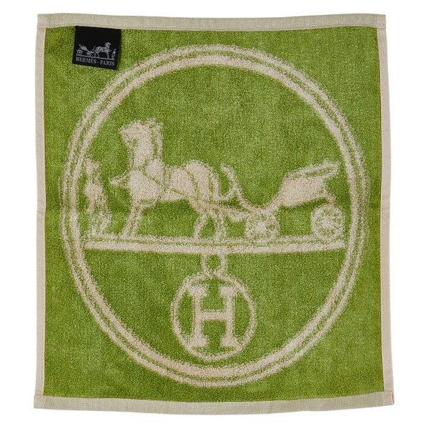 エルメス ハンカチ ハンドタオル ホワイト グリーン シルク コットン レディース HERMES 【中古】