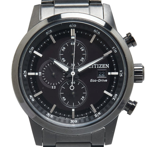 シチズン エコドライブ 腕時計 B612-R006665 ソーラー電波時計 ブラック文字盤 ステンレススチール メンズ CITIZEN 【中古】