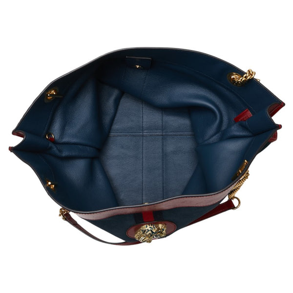 グッチ シェリーライン ラジャ タイガーヘッド チェーン トートバッグ ショルダーバッグ 537219 ネイビー レッド レザー スエード レディース GUCCI 【中古】