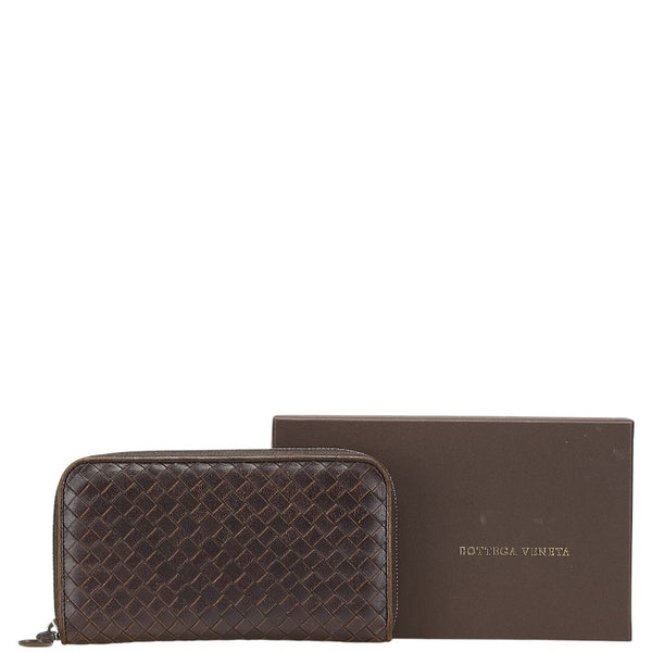 ボッテガヴェネタ イントレチャート ラウンドファスナー 長財布 114076 ダークブラウン レザー レディース BOTTEGAVENETA 【中古】