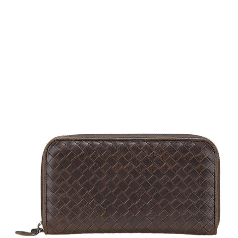 ボッテガヴェネタ イントレチャート ラウンドファスナー 長財布 114076 ダークブラウン レザー レディース BOTTEGAVENETA 【中古】