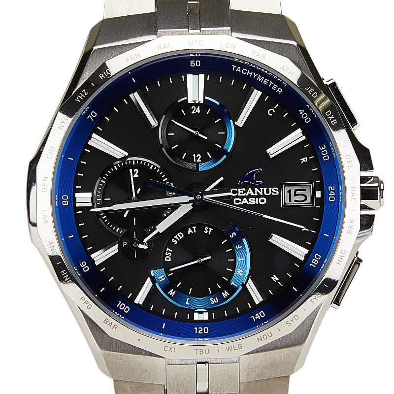 カシオ オシアナス マンタ 腕時計 OCW-S5000-1AJF ソーラー電波時計 ブラック文字盤 チタン サファイアクリスタル メンズ CASIO 【中古】