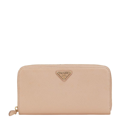 プラダ 三角ロゴプレート ラウンドファスナー 長財布 ベージュ サフィアーノレザー レディース PRADA 【中古】