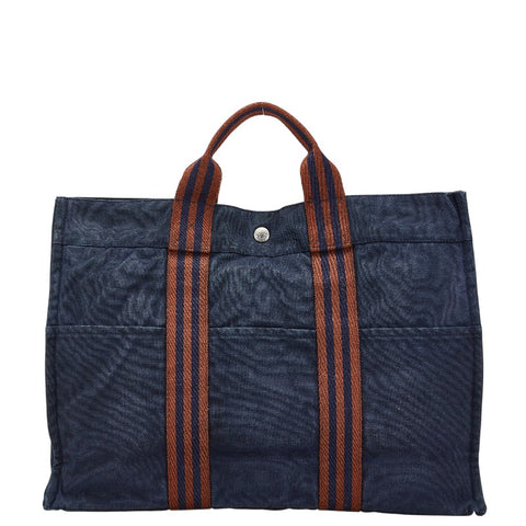 エルメス フールトゥMM トートバッグ ネイビー ブラウン キャンバス レディース HERMES 【中古】