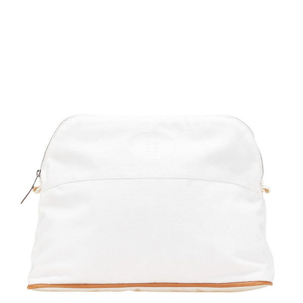 エルメス ボリードポーチGM ポーチ ホワイト ブラウン コットン レザー レディース HERMES 【中古】