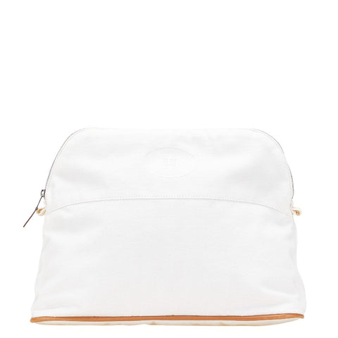 エルメス ボリードポーチGM ポーチ ホワイト ブラウン コットン レザー レディース HERMES 【中古】