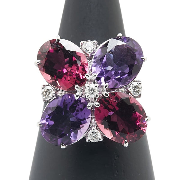K18WG ホワイトゴールド ダイヤ0.20ct ガーネット4.94ct アメジスト3.97ct 花 フラワー モチーフ リング 指輪 レディース 13号 【中古】