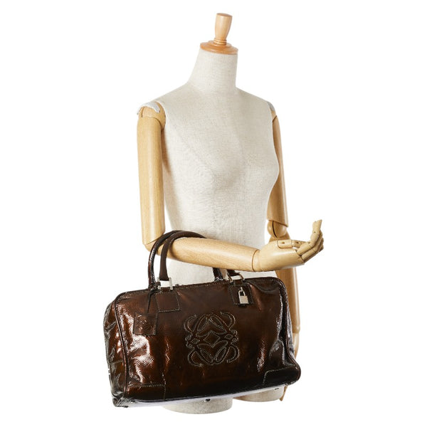 ロエベ アナグラムロゴ アマソナ36 ハンドバッグ ブラウン エナメル レザー レディース LOEWE 【中古】