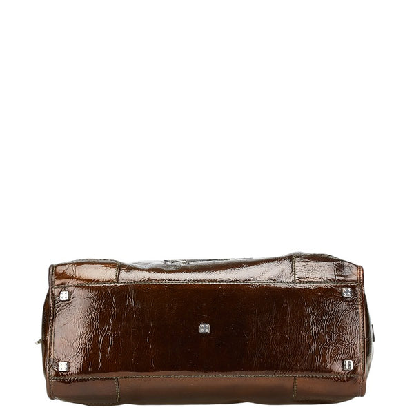 ロエベ アナグラムロゴ アマソナ36 ハンドバッグ ブラウン エナメル レザー レディース LOEWE 【中古】