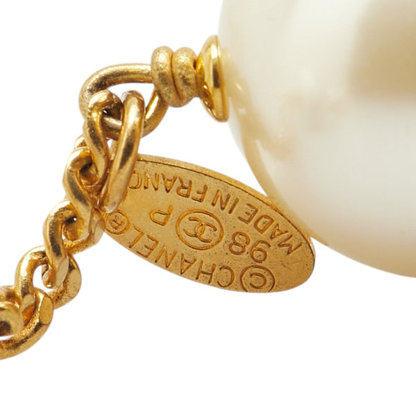 シャネル ココマーク サッカーボール モチーフ ロングネックレス ゴールド ホワイト メッキ フェイクパール レディース CHANEL 【中古】