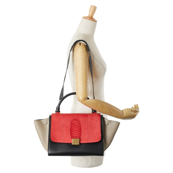 セリーヌ トラペーズ パイソン ハンドバッグ ワンショルダーバッグ 2WAY ブラック レッド ベージュ レザー レディース CELINE 【中古】