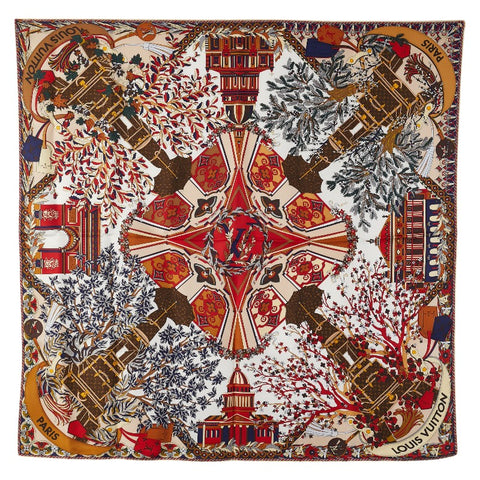 ルイ ヴィトン ル トゥ パリ スカーフ レッド ホワイト ブラウン シルク レディース LOUIS VUITTON 【中古】