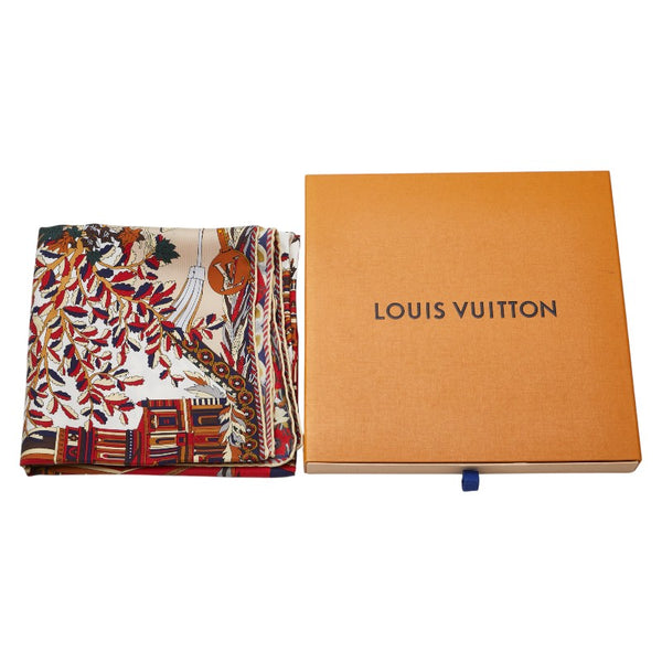 ルイ ヴィトン ル トゥ パリ スカーフ レッド ホワイト ブラウン シルク レディース LOUIS VUITTON 【中古】