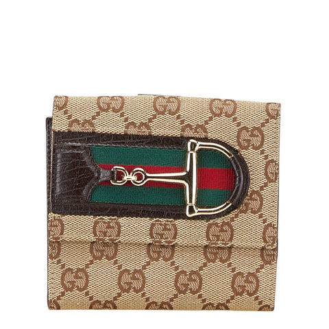 グッチ GGキャンバス ホースビット シェリーライン 二つ折り財布 138031 ブラウン キャンバス レザー レディース GUCCI 【中古】