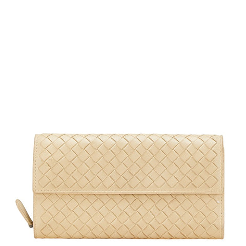 ボッテガヴェネタ イントレチャート 長財布 ベージュ レザー レディース BOTTEGAVENETA 【中古】