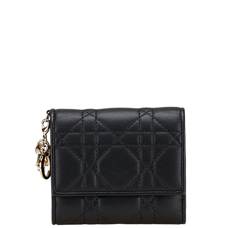 ディオール カナージュ レディディオール 三つ折り財布 コンパクトウォレット ブラック ラムスキン レディース Dior 【中古】