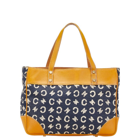 セリーヌ Cマカダム ハンドバッグ ネイビー ブラウン デニム レザー レディース CELINE 【中古】