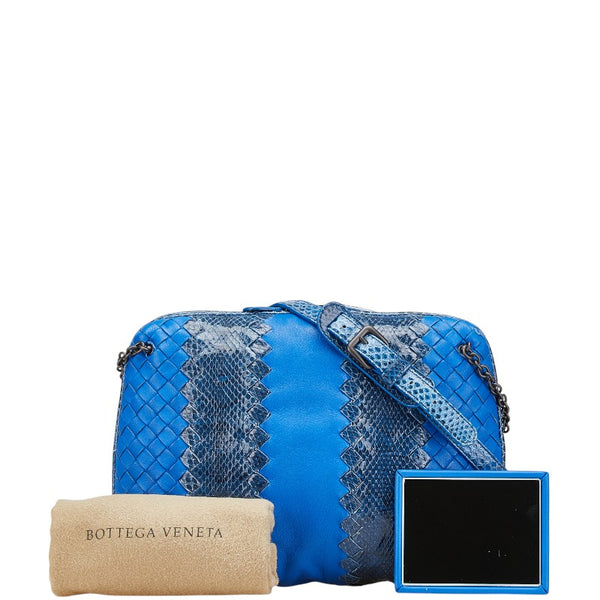 ボッテガヴェネタ イントレチャート 斜め掛け ショルダーバッグ ブルー レザー パイソン レディース BOTTEGAVENETA 【中古】