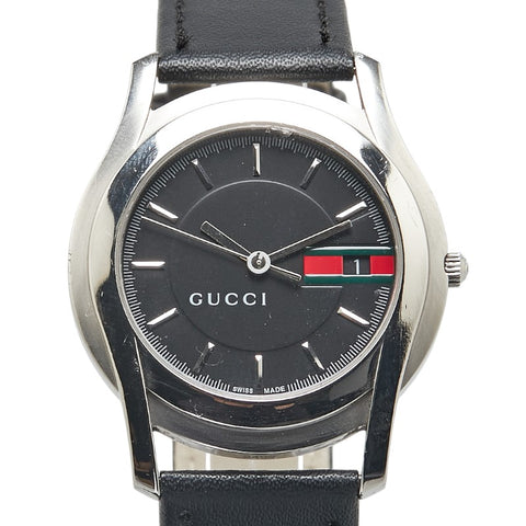 グッチ シェリーライン ベルト（社外品） 腕時計 5500M クオーツ ブラック文字盤 ステンレススチール レザー メンズ GUCCI 【中古】
