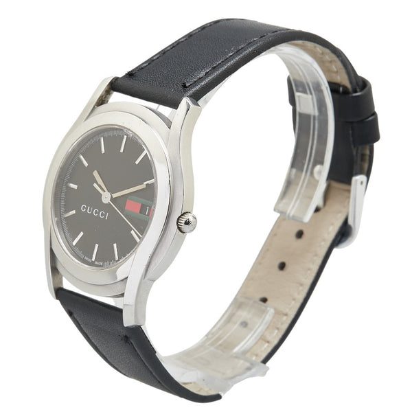 グッチ シェリーライン ベルト（社外品） 腕時計 5500M クオーツ ブラック文字盤 ステンレススチール レザー メンズ GUCCI 【中古】
