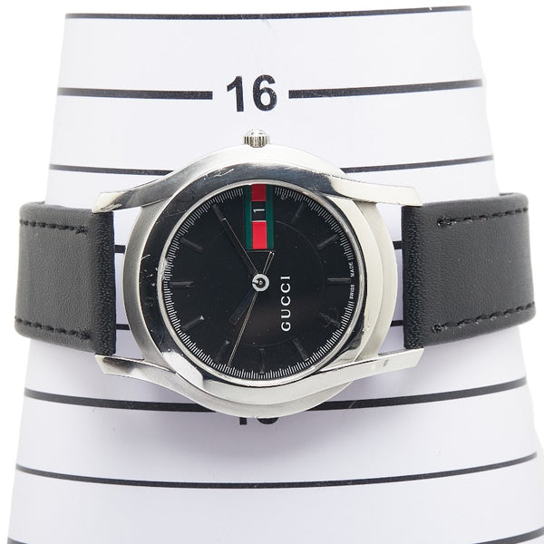 グッチ シェリーライン ベルト（社外品） 腕時計 5500M クオーツ ブラック文字盤 ステンレススチール レザー メンズ GUCCI 【中古】