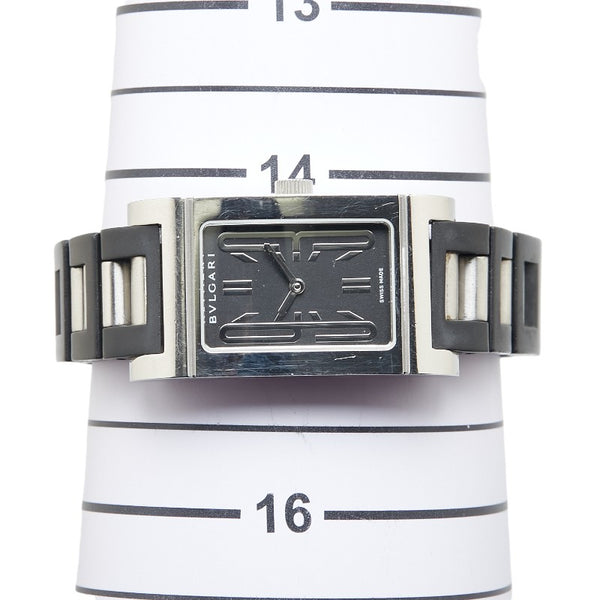 ブルガリ レッタンゴロ 腕時計 RT39S クオーツ ブラック文字盤 ステンレススチール ラバー レディース BVLGARI 【中古】