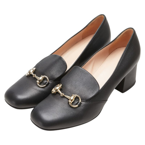 グッチ ホースビット チャンキーヒール ローファー サイズ:38 ブラック ゴールド レザー レディース GUCCI 【中古】