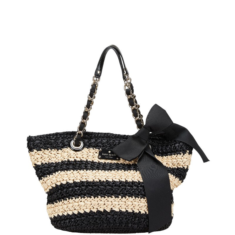 ケイトスペード リボン トートバッグ ハンドバッグ ベージュ ブラック ストロー レディース Kate Spade 【中古】