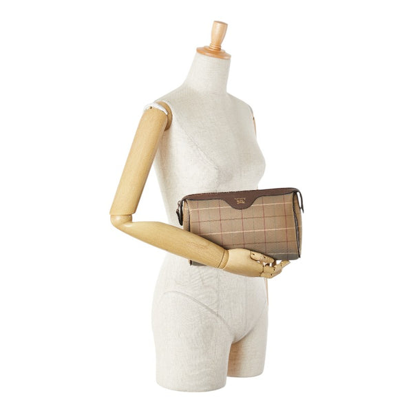 バーバリー チェック セカンドバッグ ポーチ カーキ ブラウン キャンバス レザー レディース BURBERRY 【中古】