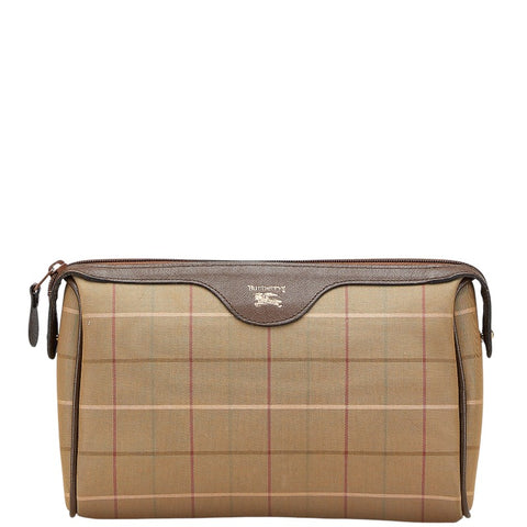 バーバリー チェック セカンドバッグ ポーチ カーキ ブラウン キャンバス レザー レディース BURBERRY 【中古】