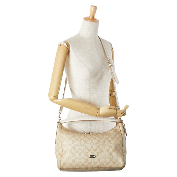 コーチ シグネチャー ショルダーバッグ ハンドバッグ 2WAY ベージュ ホワイト PVC レザー レディース COACH 【中古】