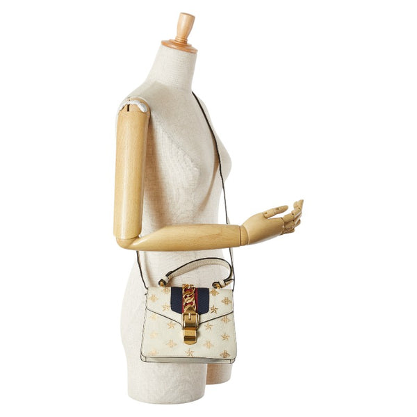 グッチ シルヴィ ビー 蜂 スター 星 ミニ ハンドバッグ ショルダーバッグ 2WAY 470270 ホワイト ゴールド レザー レディース GUCCI 【中古】