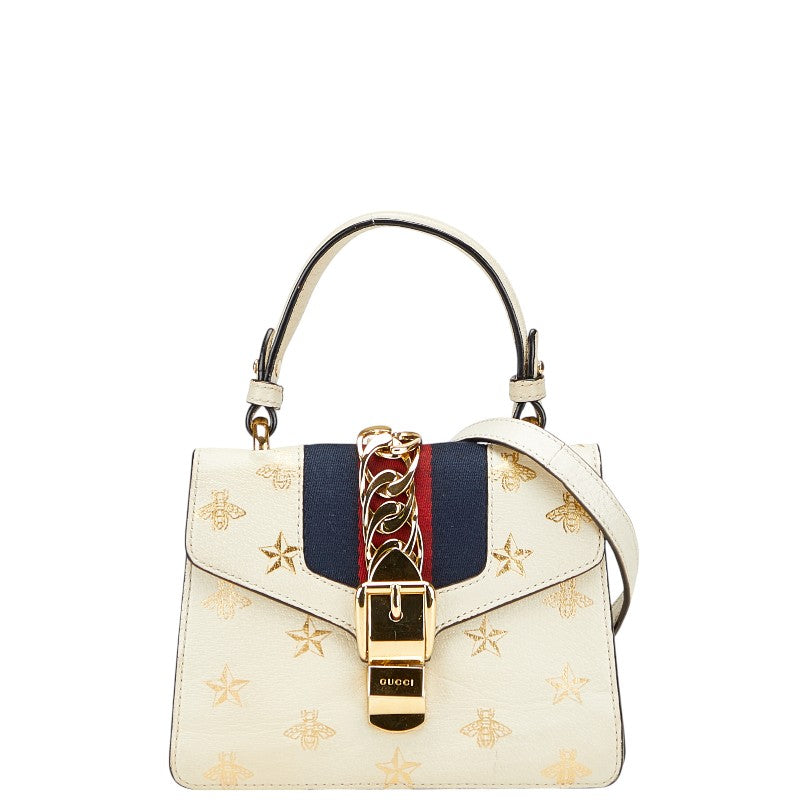 グッチ シルヴィ ビー 蜂 スター 星 ミニ ハンドバッグ ショルダーバッグ 2WAY 470270 ホワイト ゴールド レザー レディース GUCCI 【中古】