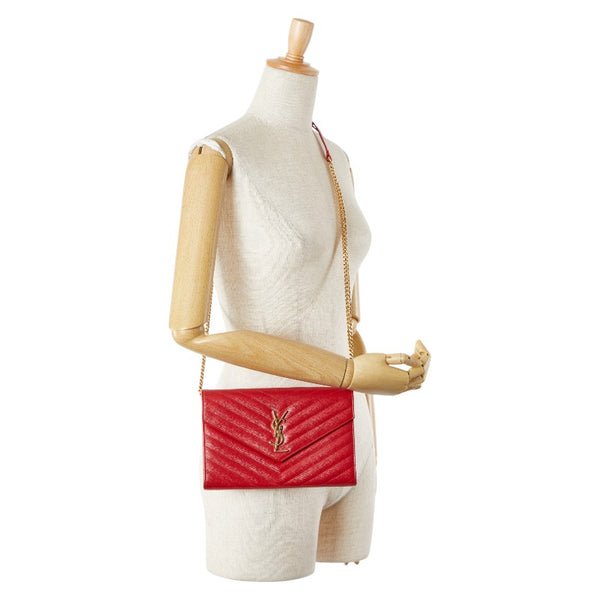 サンローラン YSL Vステッチ チェーンウォレット ショルダーバッグ 377828 レッド レザー レディース SAINT LAURENT 【中古】