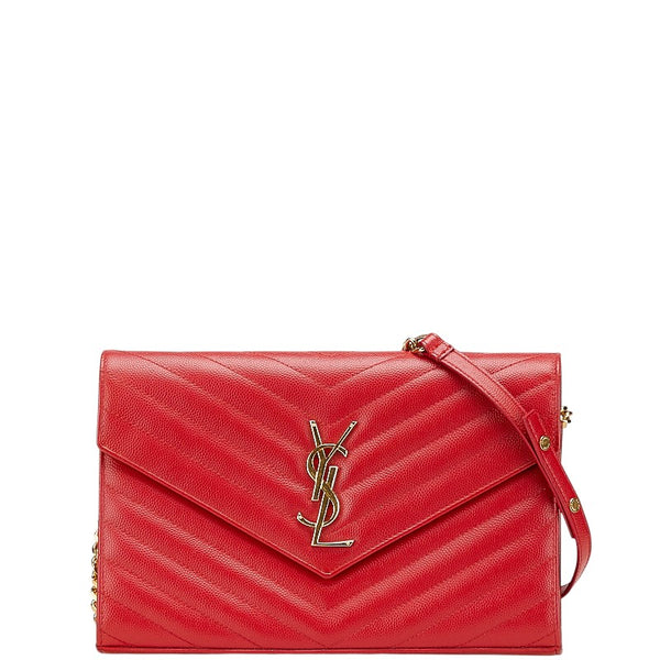 サンローラン YSL Vステッチ チェーンウォレット ショルダーバッグ 377828 レッド レザー レディース SAINT LAURENT 【中古】