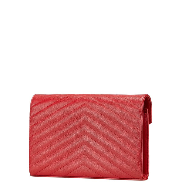 サンローラン YSL Vステッチ チェーンウォレット ショルダーバッグ 377828 レッド レザー レディース SAINT LAURENT 【中古】