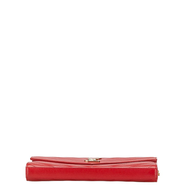サンローラン YSL Vステッチ チェーンウォレット ショルダーバッグ 377828 レッド レザー レディース SAINT LAURENT 【中古】