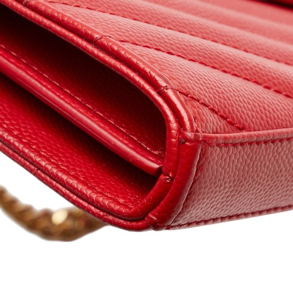サンローラン YSL Vステッチ チェーンウォレット ショルダーバッグ 377828 レッド レザー レディース SAINT LAURENT 【中古】