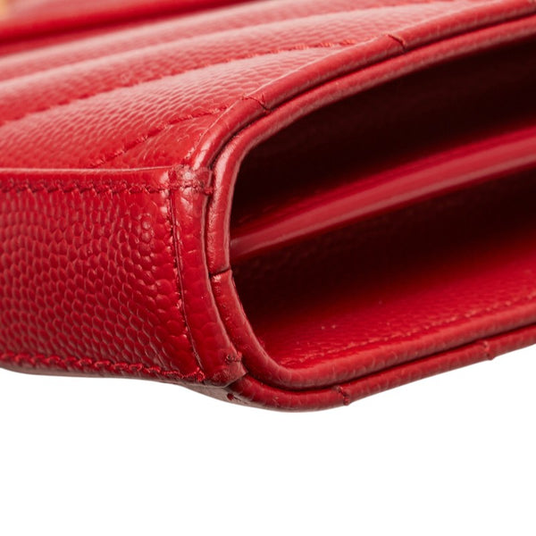 サンローラン YSL Vステッチ チェーンウォレット ショルダーバッグ 377828 レッド レザー レディース SAINT LAURENT 【中古】