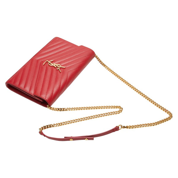サンローラン YSL Vステッチ チェーンウォレット ショルダーバッグ 377828 レッド レザー レディース SAINT LAURENT 【中古】