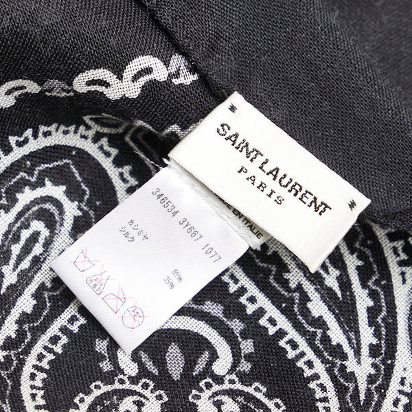サンローラン ペイズリー モチーフ 大判スカーフ ストール ブラック ホワイト カシミヤ シルク レディース SAINT LAURENT 【中古】