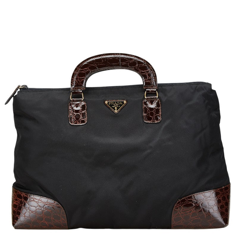 プラダ 三角ロゴプレート クロコ型押し ハンドバッグ ブラック ブラウン ナイロン レザー レディース PRADA 【中古】