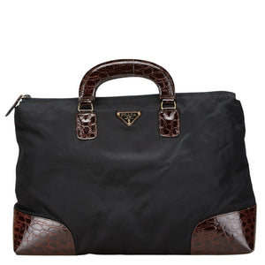 プラダ 三角ロゴプレート クロコ型押し ハンドバッグ ブラック ブラウン ナイロン レザー レディース PRADA 【中古】