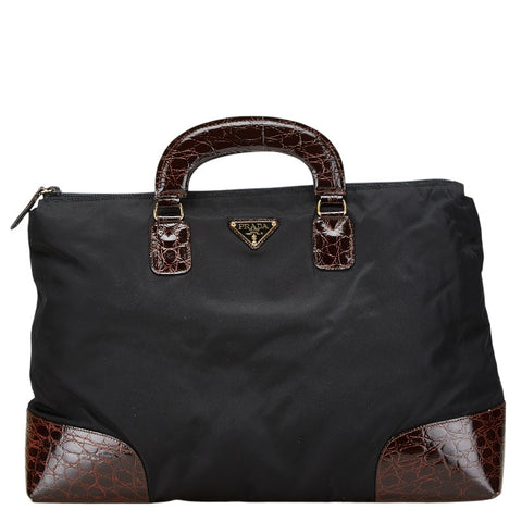 プラダ 三角ロゴプレート クロコ型押し ハンドバッグ ブラック ブラウン ナイロン レザー レディース PRADA 【中古】