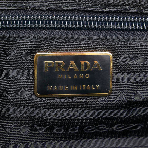 プラダ 三角ロゴプレート クロコ型押し ハンドバッグ ブラック ブラウン ナイロン レザー レディース PRADA 【中古】