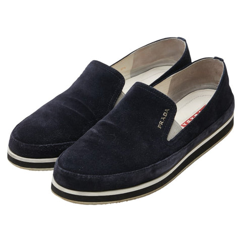 プラダ ロゴ スリッポン サイズ：37.5 ネイビー スエード レディース PRADA 【中古】